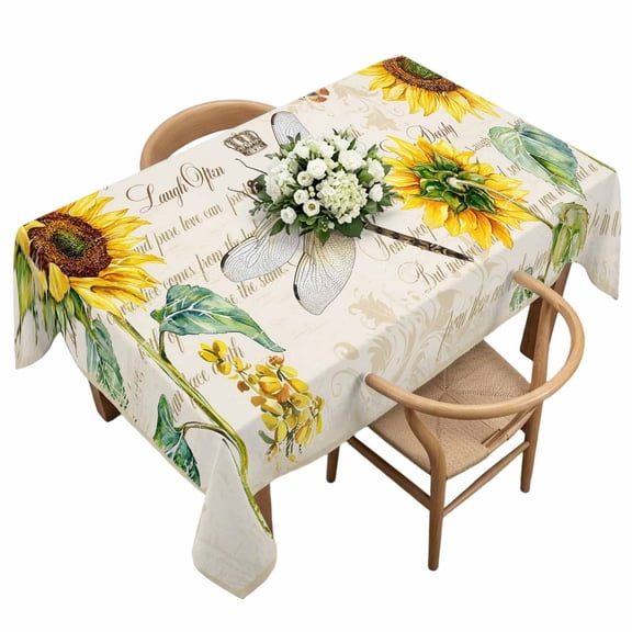 Dragonfly Sunflower Rectangle Tablecloth Art Teal Floral Blooming Flower Paper Texture Waterproof Wrinkle Free Soft Table Cloth Spill-Proof Washable Table Cover for Dining Party Picnic 60 x 120 Inch