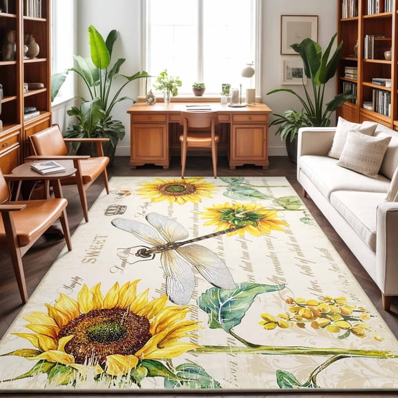 Dragonfly Sunflower Washable Area Rug 9 x 12 ft Art Teal Floral Blooming Flower Paper Texture, Soft Non Slip Rugs Stain Repellent Indoor Felt Carpet for Living Dining Room Bedroom Home Office