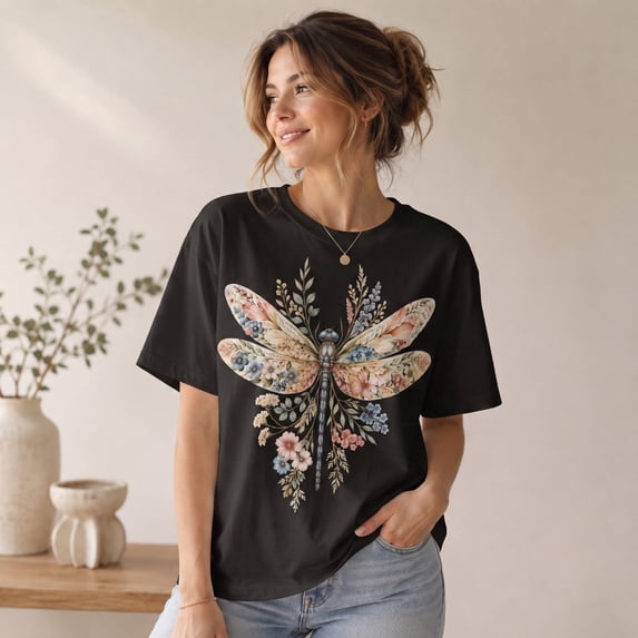 Dragonfly T Shirt Floral Flowers Botanical Cottagecore Women Gift