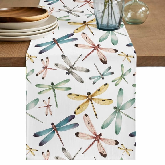 Dragonfly Table Runner, Watercolor Colorful Wings Flying Cotton Linen Kitchen Table Decoration Washable Dining Tabletop Runners for Home Party Decor 13x72 Inches