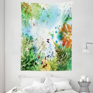 Dragonfly Tapestry, Ferns Petals Flourishing Nature Fantasy Complex Mixed Digital Watercolors Image, Wall Hanging for Bedroom Living Room Dorm Decor, 60W X 80L Inches, Multicolor, by Ambesonne