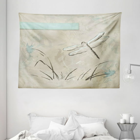 Dragonfly Tapestry, Romantic Vintage Sketch in Pastel Grass Birthday Grunge Grass Botany Artwork, Wall Hanging for Bedroom Living Room Dorm Decor, 80W X 60L Inches, Seafoam Tan, by Ambesonne