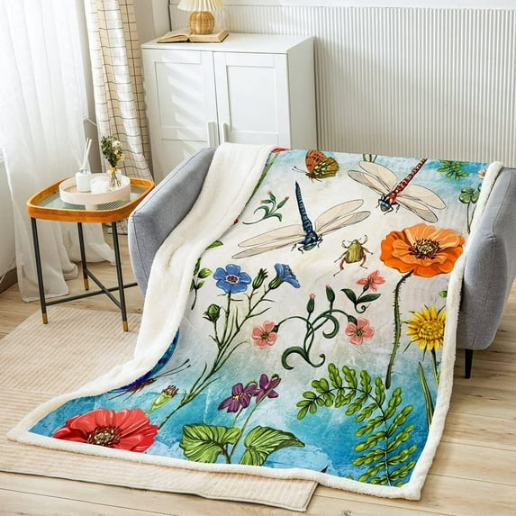 Dragonfly Throw Blanket Butterfly Plush Blanket Girls Women Colorful Floral Botanical Sherpa Blanket Kids Boys Bright Room Decor Beautiful Animal Fuzzy Blanket for Sofa Bed Couch, Throw 50x60 Inch