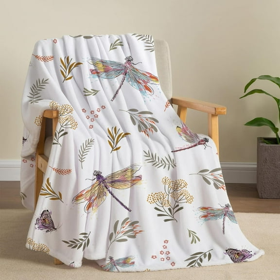 Dragonfly Throw Blanket Floral Flower Throw Blanket Botanical Plant Throw Blanket Flannel Fleece Throw Blanket Butterfly Cozy Fuzzy Plush Throw Blanket for Bed Chair Couch 50" X 60"
