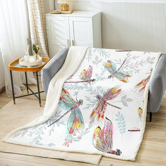Dragonfly Throw Blanket Kids Ornamental Dragonfly Printed Fuzzy Blanket for Bed Sofa Couch Floral Flying Animal Fleece Sherpa Blanket Watercolor Teal Pink Botanical Plush Blanket Throw 50"x60"