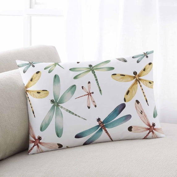 Dragonfly Throw Pillow Cover, Pillowcase Protectors with Zipper, Breathable Decorative Lumbar Pillow Case Cover, Watercolor Colorful Nature Painting Art Pillow Shams for Couch Sofa 12x20Inch