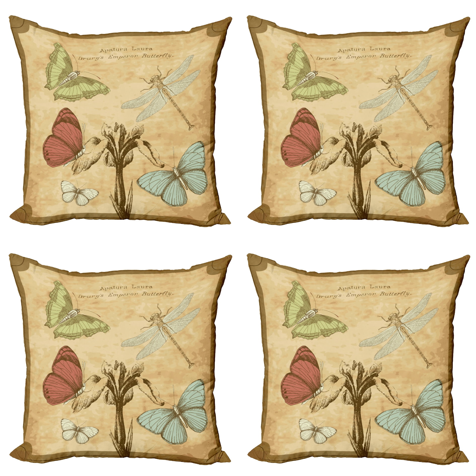 Dragonfly Throw Pillow Cushion Case Pack of 4, Retro Style Butterflies