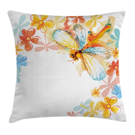 Dragonfly Throw Pillow Cushion Cover, Abstract Grunge Vintage Design Moth with Spring Flowers Floral Frame Art Print, Decorative Square Accent Pillow Case, 18 X 18 Inches, Multicolor, by Ambesonne