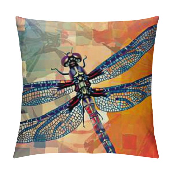 Dragonfly Throw Pillow Cushion Cover, Bird Like Bugs Flying on Orange Marigold Abstract Geometrical Digital Backdrop, Decorative Square Accent Pillow Case, Dark Orange