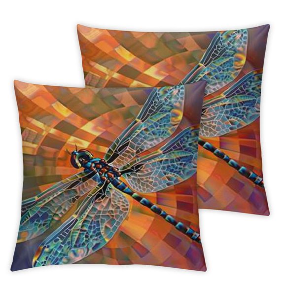 Dragonfly Throw Pillow Cushion Cover, Bird Like Bugs Flying on Orange Marigold Abstract Geometrical Digital Backdrop, Decorative Square Accent Pillow Case, Dark Orange