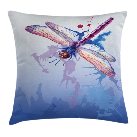 Dragonfly Throw Pillow Cushion Cover, Colorful Purple Moth Watercolored Design with Abstract Grunge Blue Ombre Print, Decorative Square Accent Pillow Case, 24 X 24 Inches, Multicolor, by Ambesonne