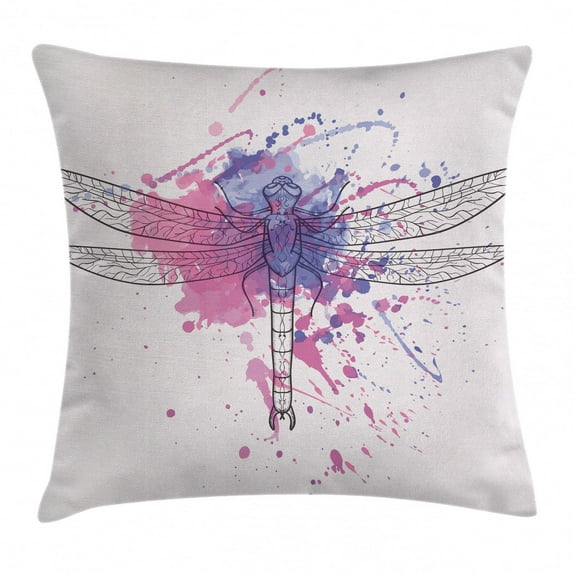 Dragonfly Throw Pillow Cushion Cover, Grunge Street Art Watercolor Moth Bug in Pink Rainbow Tones Artwork, Decorative Square Accent Pillow Case, 20 X 20 Inches, Black White and Purple, by Ambesonne
