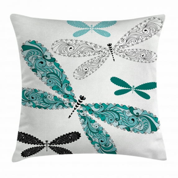 Dragonfly Throw Pillow Cushion Cover, Ornamental Dragonfly Figures with Lace and Damask Effects Artsy Image, Decorative Square Accent Pillow Case, 16 X 16 Inches, Teal Turquoise Black, by Ambesonne