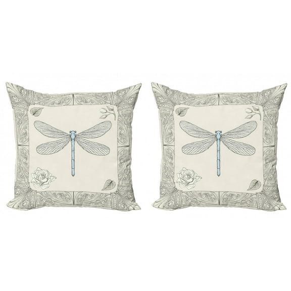 Ambesonne Dragonfly Throw Pillow Cover 2 Pack, Royal Rose Petals, 16", Black Pale Blue