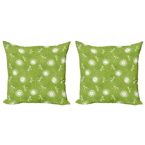 Ambesonne Dragonfly Throw Pillow Cover 2 Pack, Dandelion Sketchy, 18", Lime Green Cream
