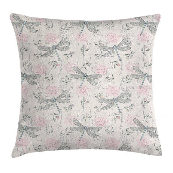 Dragonfly Throw Pillow Cushion Cover, Shabby Chic Roses Worn Old Vintage Backdrop with Moth Bugs Print, Decorative Square Accent Pillow Case, 20 X 20 Inches, Light Pink Black and White, by Ambesonne