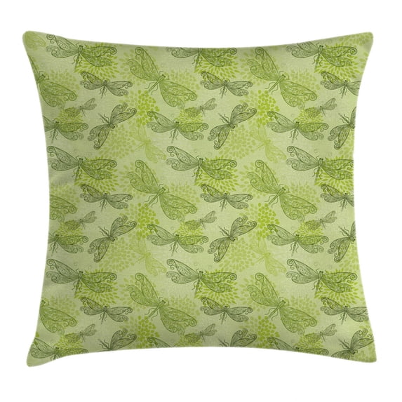 Dragonfly Throw Pillow Cushion Cover, Sketchy Butterfly Like Bugs with Floral Ivy Print Wings Artwork, Decorative Square Accent Pillow Case, 18 X 18 Inches, Light Green and Dark Green, by Ambesonne