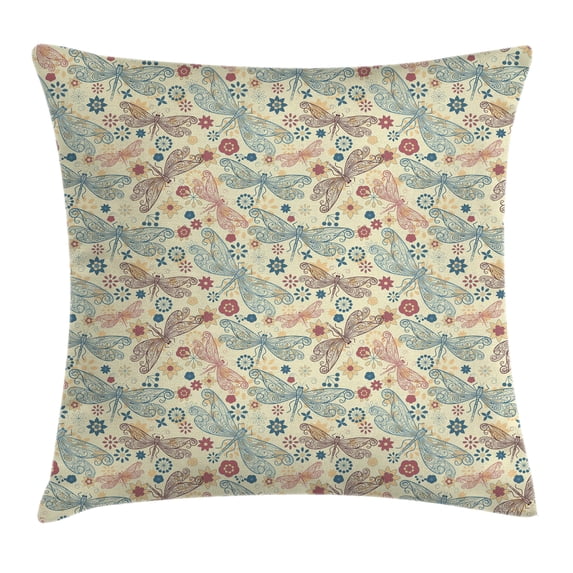 Dragonfly Throw Pillow Cushion Cover, Vintage Retro Hippie Design with Flower Print Wings Buds Leaves Image, Decorative Square Accent Pillow Case, 18 X 18 Inches, Turquoise and Burgundy, by Ambesonne