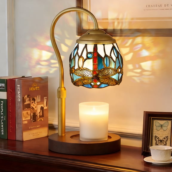Dragonfly Tiffany-Style Candle Warmer Lamp with 2 Bulbs - Handcrafted Stained Glass, Height-Adjustable Timer & 4 Dimmer Levels, No Assembly Required, Fits Jars up to 5"