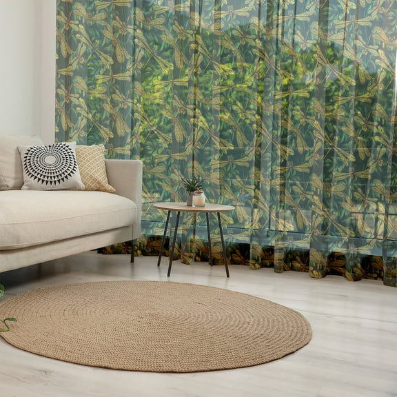 Dragonfly Tulle Curtains with Rod Pocket, Pattern of Dragonflies and Green Olive Branches Mediterranean Nature Vibes, Sheer Drape for Wedding Party 2 Panels, 7 Sizes, Multicolor, by Ambesonne