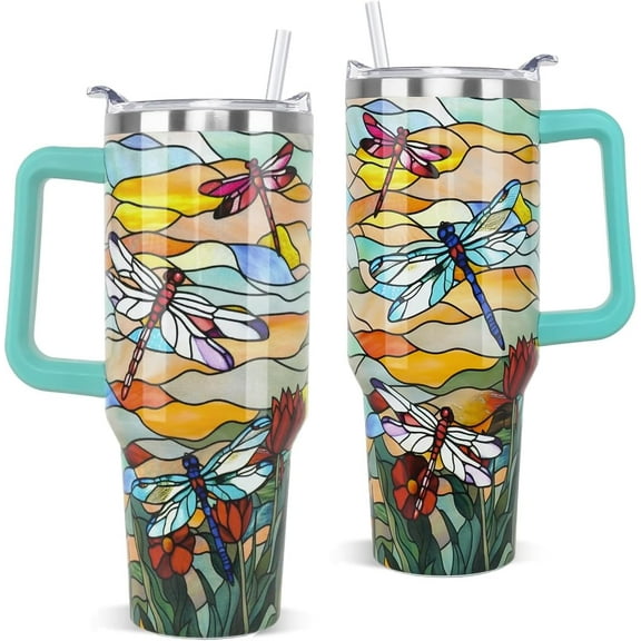 Medieval Glass-Style Insulated Tumbler with Handle and Straw - 40 oz Dragonfly Design Travel Mug for Coffee & Water, Gift for Women