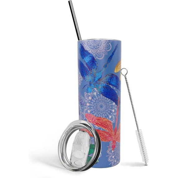 Dragonfly Tumbler With Lid and Straw Stainless Steel 20oz Dragonfly Skinny Tumbler Insulated Dragonfly Water Bottle Cups Coffee Mug Travel Tumbler Dragonfly Gifts for Women
