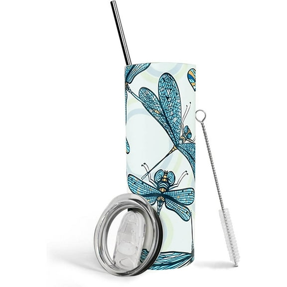 Dragonfly Tumbler With Lid and Straw Stainless Steel 20oz Dragonfly Skinny Tumbler Insulated Dragonfly Water Bottle Cups Coffee Mug Travel Tumbler Dragonfly Gifts for Women