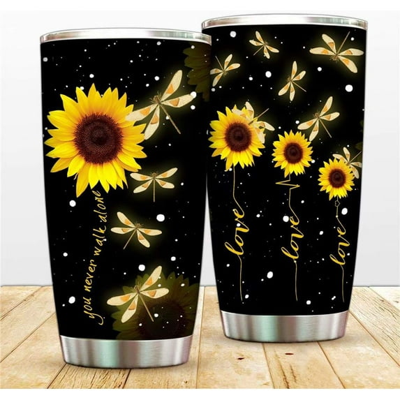 Dragonfly Tumbler Mug Sunflower Stainless Steel Tumblers My Sunshine Cup Vacuum Insulated Tumblers Mug Double Wall Travel Coffee Cup with Lids and Straw for Home Sports Office