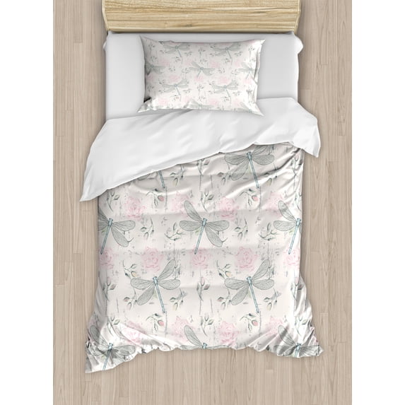 Dragonfly Twin Size Duvet Cover Set, Shabby Chic Roses Worn Old Vintage Backdrop with Moth Bugs Print, Decorative 2 Piece Bedding Set with 1 Pillow Sham, Pale Pink Pale Grey Coconut, by Ambesonne