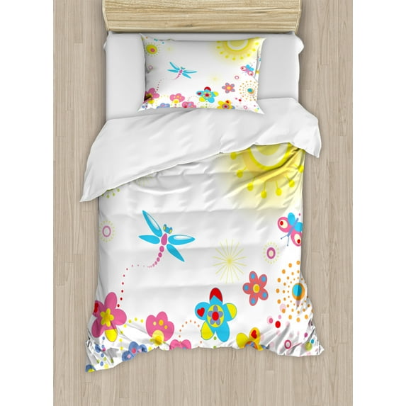 Dragonfly Twin Size Duvet Cover Set, Summer Themed Floral Backdrop with Sun Rays Colorful Dandelions Happiness Graphic, Decorative 2 Piece Bedding Set with 1 Pillow Sham, Multicolor, by Ambesonne