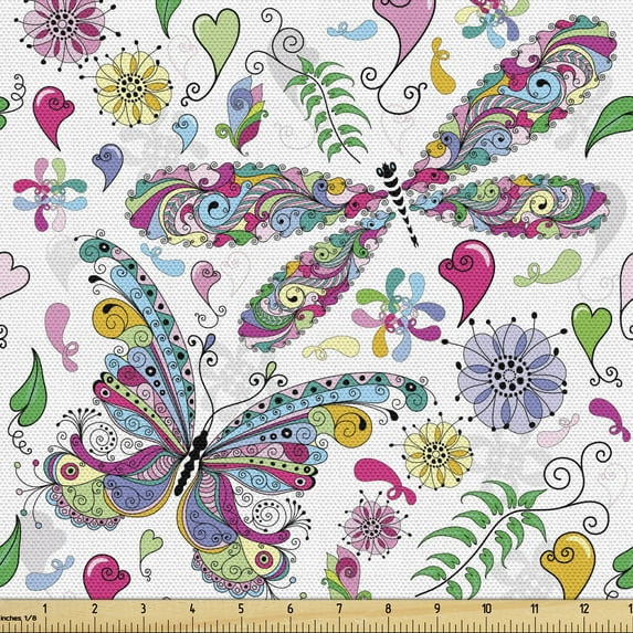 Ambesonne Butterfly Fabric by the Yard Upholstery, Paisley Dragonfly, 1 Yard, Multicolor