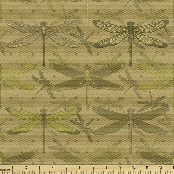 Ambesonne Dragonfly Fabric by the Yard Upholstery, Flying Insects Vintage, 5 Yards, Dark Mustard Fawn and Khaki