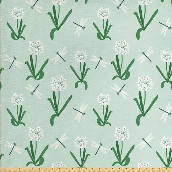 Dragonfly Upholstery Fabric by the Yard, Repetitive Pattern of Agapanthus Flower and Insects, Decorative Fabric for DIY and Home Accents, Almond Green Fern Green by Ambesonne