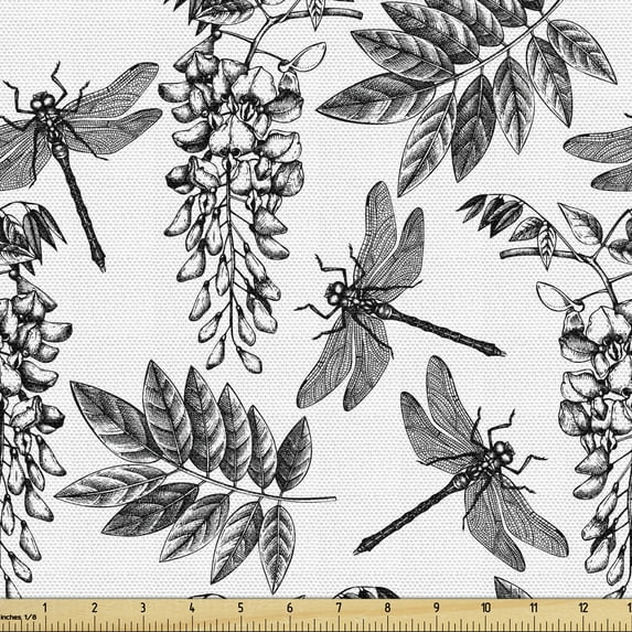 Ambesonne Dragonfly Fabric by the Yard Upholstery, Wisteria Flowers Sketch, 2 Yards, Charcoal Grey and White