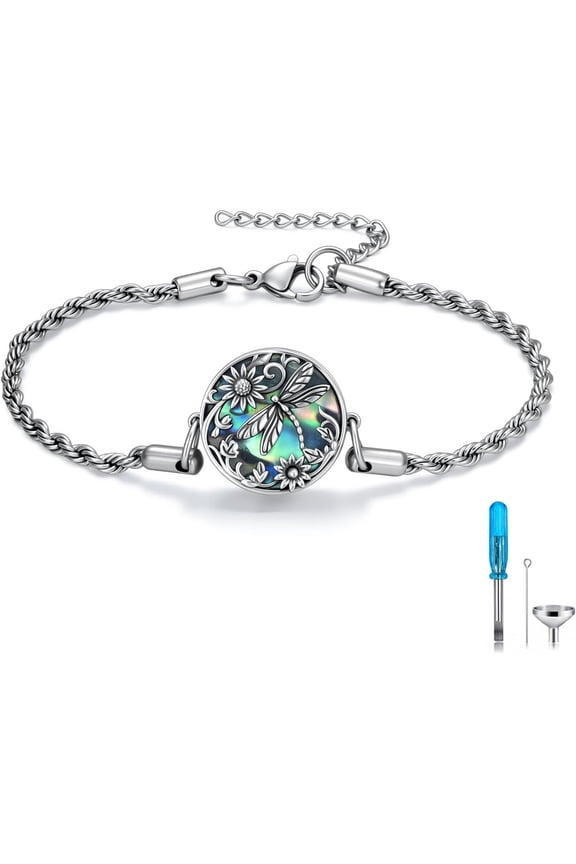 Dragonfly Urn Bracelet for Ashes 925 Sterling Silver Abalone Shell Dragonfly Cremation Keepsake Pendant Locket Bracelet Memorial Jewelry Gift for Women Men