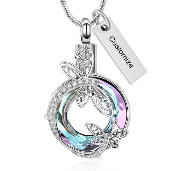 Dragonfly Urn Necklace for Ashes with Crystal Ring Human/Pet Ashes Stainless Steel Hollow Memorial Locket Pendant Cremation Keepsake Necklace