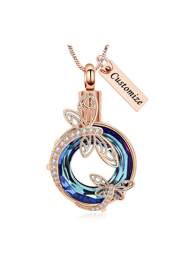 Dragonfly Urn Necklaces for Ashes Circle Crystal Stainless Steel Memorial Keepsake Pendant Cremation Jewelry for Women Men