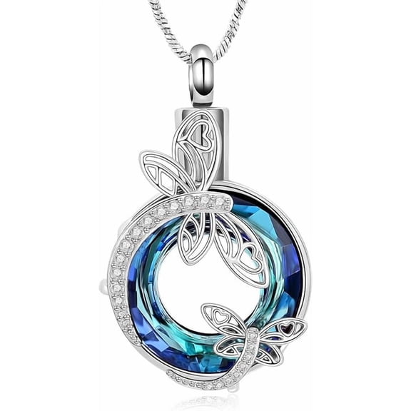 Dragonfly Urn Necklaces for Ashes Crystal Circle Keepsake Memorial Ashes Pendant Jewelry Ash Holder Urn Jewelry for Men Women