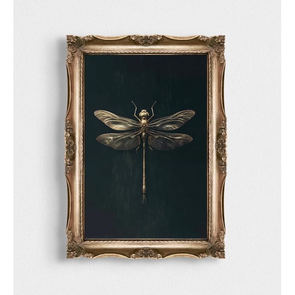 Dragonfly Wall Art, Dark Academia Vintage Insect Poster, Black Background Nature Poster, Moody Gallery Wall Decor Girls Room, 8x12 UNFRAMED