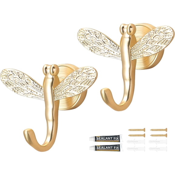 Dragonfly Wall Hooks, 2Pcs Heavy Duty Decorative Coat Hooks for Wall Mount, Vintage Boho Zinc Alloy Hanging Hooks for Coat, Towel, Robe, Hat, Purse, Keys (Gold)