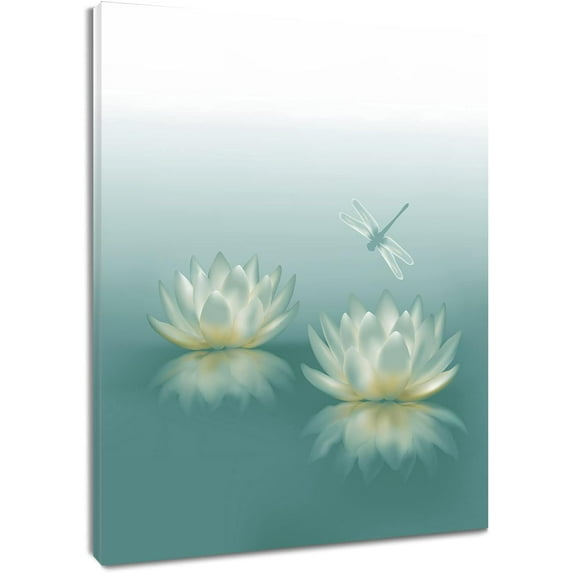 Dragonfly with Water Lily Flowers Canvas Wall Zen Spa Picture Printed Artwork for Living Room Bedroom Bathroom Wall Decor,Stretched and Framed Ready to Hang,12x16 Inches