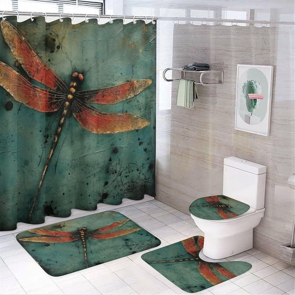 Dragonfly Watercolor Art 4 Pcs Shower Curtain Sets Bathroom Sets with Shower Curtain and Rugs 4 Piece Green Darner Dragonfly Isolated with Clipping Path Waterproof Personality Pattern Bath Curtain