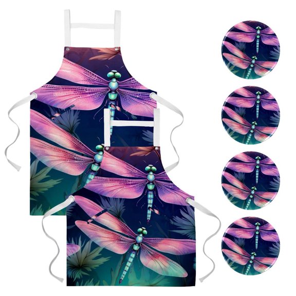 Dragonfly Waterproof 2 Pack Circle Pins Buttons Waitress Apron with Pockets and Badge Set