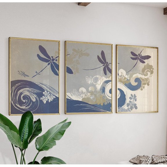 Dragonfly Wave Japanese Minimal Art Prints Wall Decor Set 3 Unframed Paper Print 8x12