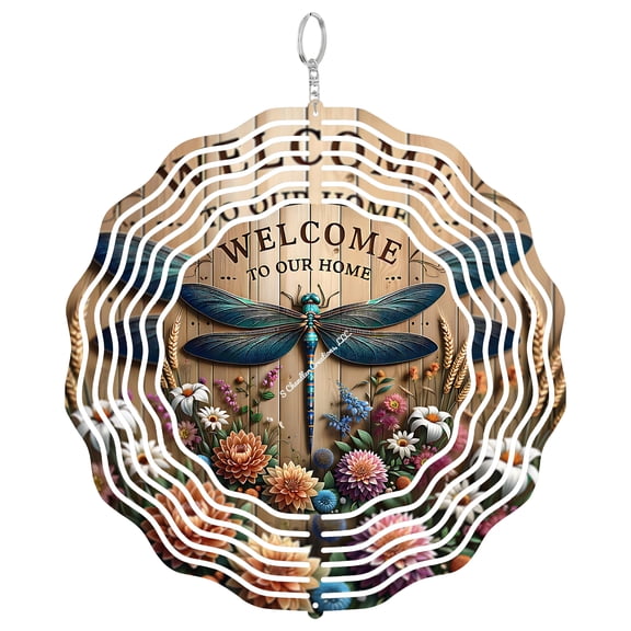 Dragonfly Welcome Floral 3D Wind Spinner, Spring Garden Metal Art, Kinetic Hanging Ornament, Nature Lover Gift