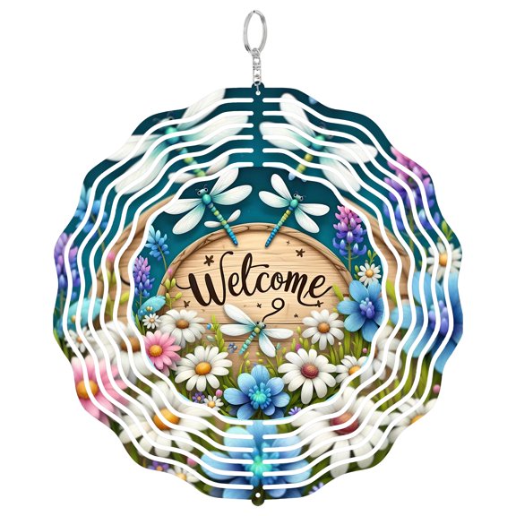 Dragonfly Welcome Spring 3D Wind Spinner, Nature Insect Decor, UV Printed Metal Kinetic Yard Art, Round