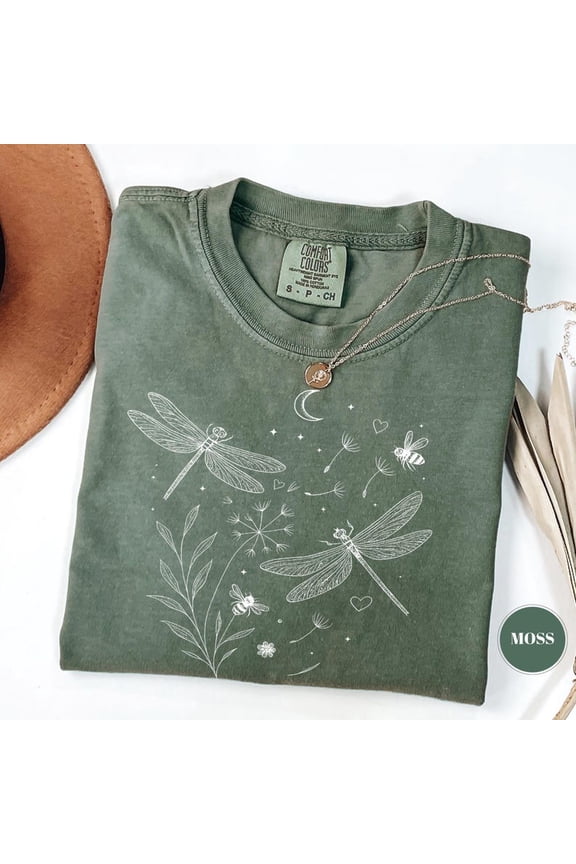 Dragonfly Wildflower Nature Inspired Botanical Graphic Design Comfort Colors Unisex Cotton T-Shirt, Size S-3XL
