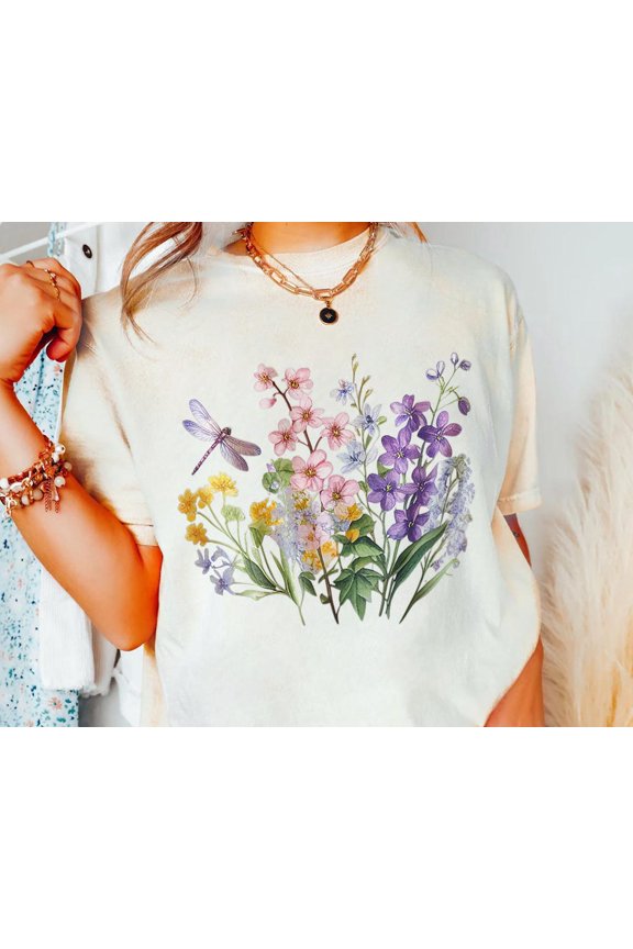 Dragonfly Wildflower T-Shirt: Botanical Garden Tee, Cottagecore Style All Size S-5Xl