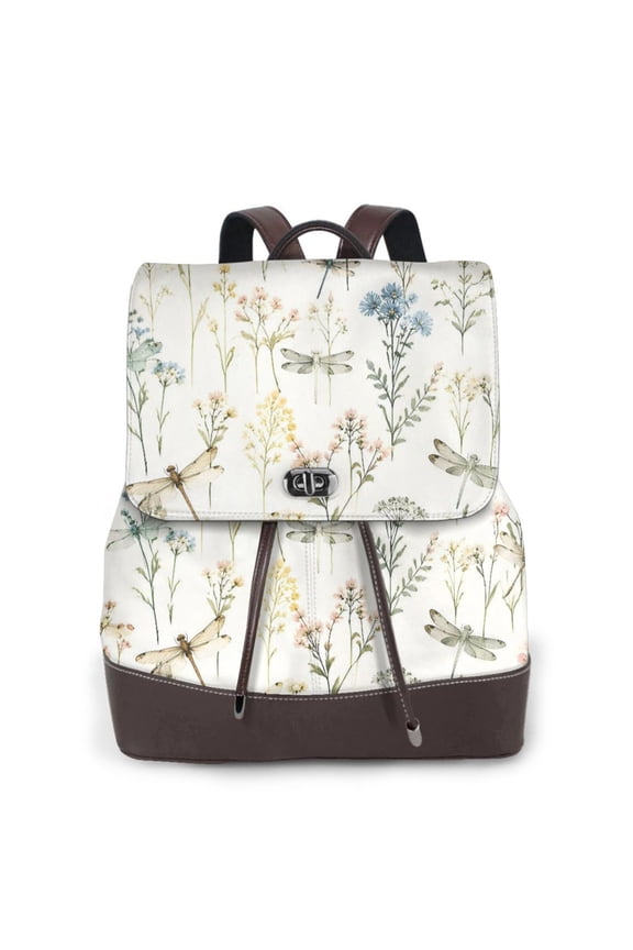 Dragonfly Wildflower Women's Leather Backpack All-Over Print Bag for Work and Travel