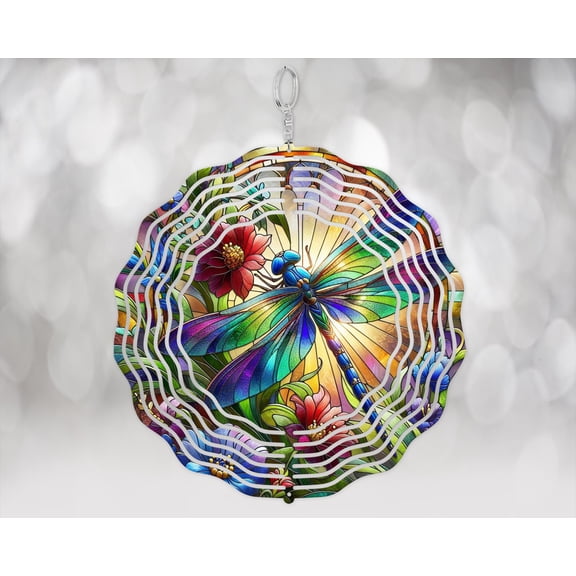 Dragonfly Wind Spinner Faux Stained Glass Garden Decor Kinetic Art